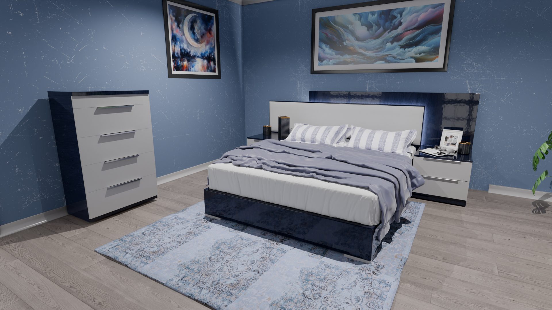 חדר שינה בצבע כחול-אפור